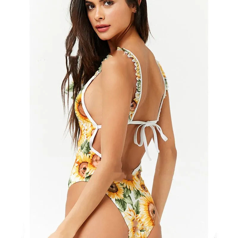 Sunflower Delight Ruffle Strap Printed Monokini