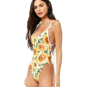 Sunflower Delight Ruffle Strap Printed Monokini