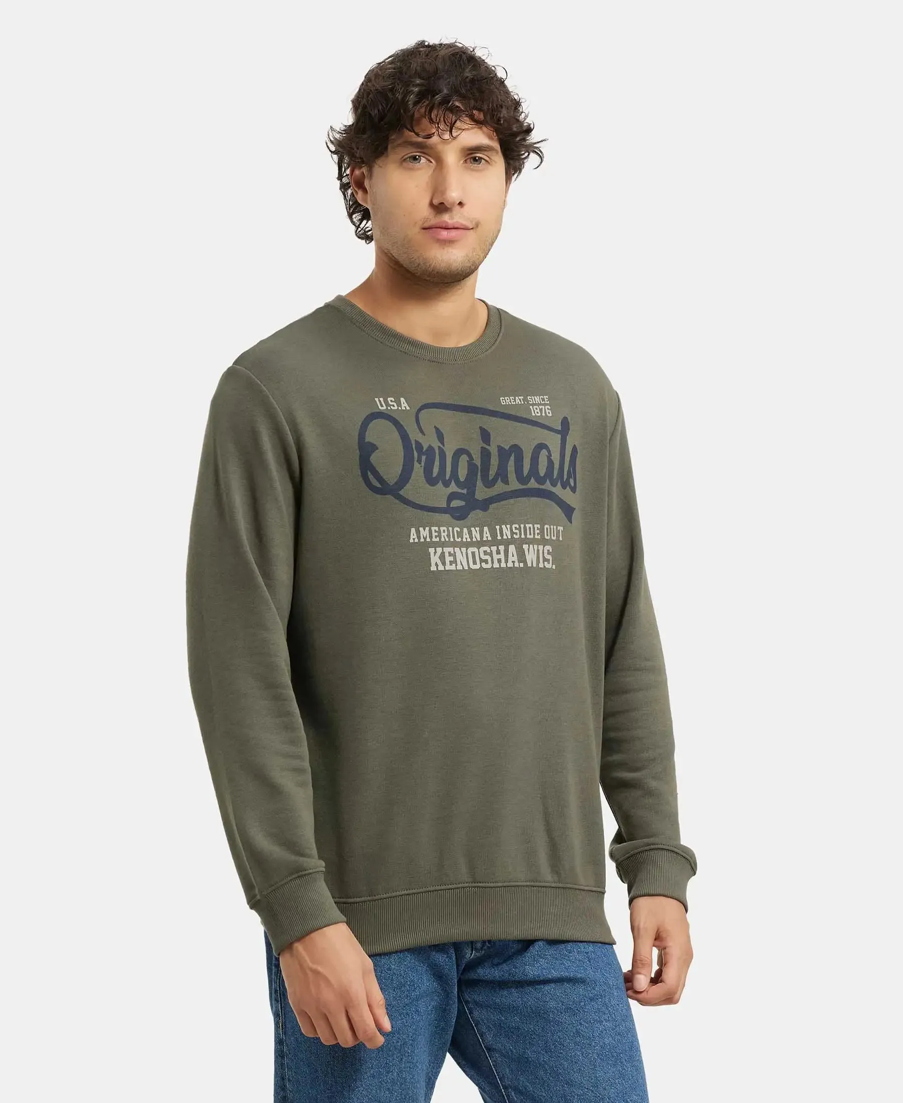 Super Combed Cotton Rich French Terry Printed Sweatshirt with Ribbed Cuffs - Deep Olive