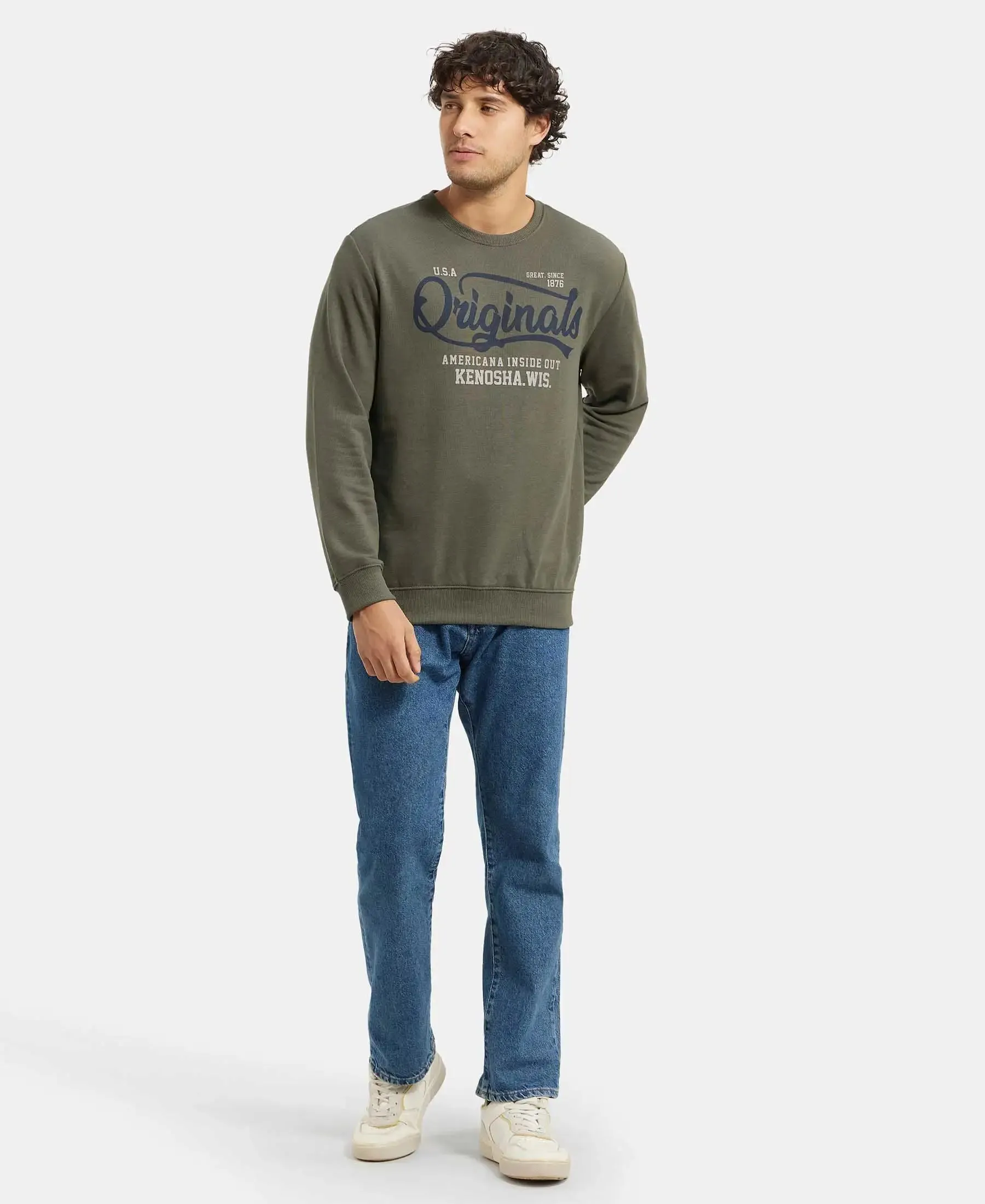 Super Combed Cotton Rich French Terry Printed Sweatshirt with Ribbed Cuffs - Deep Olive
