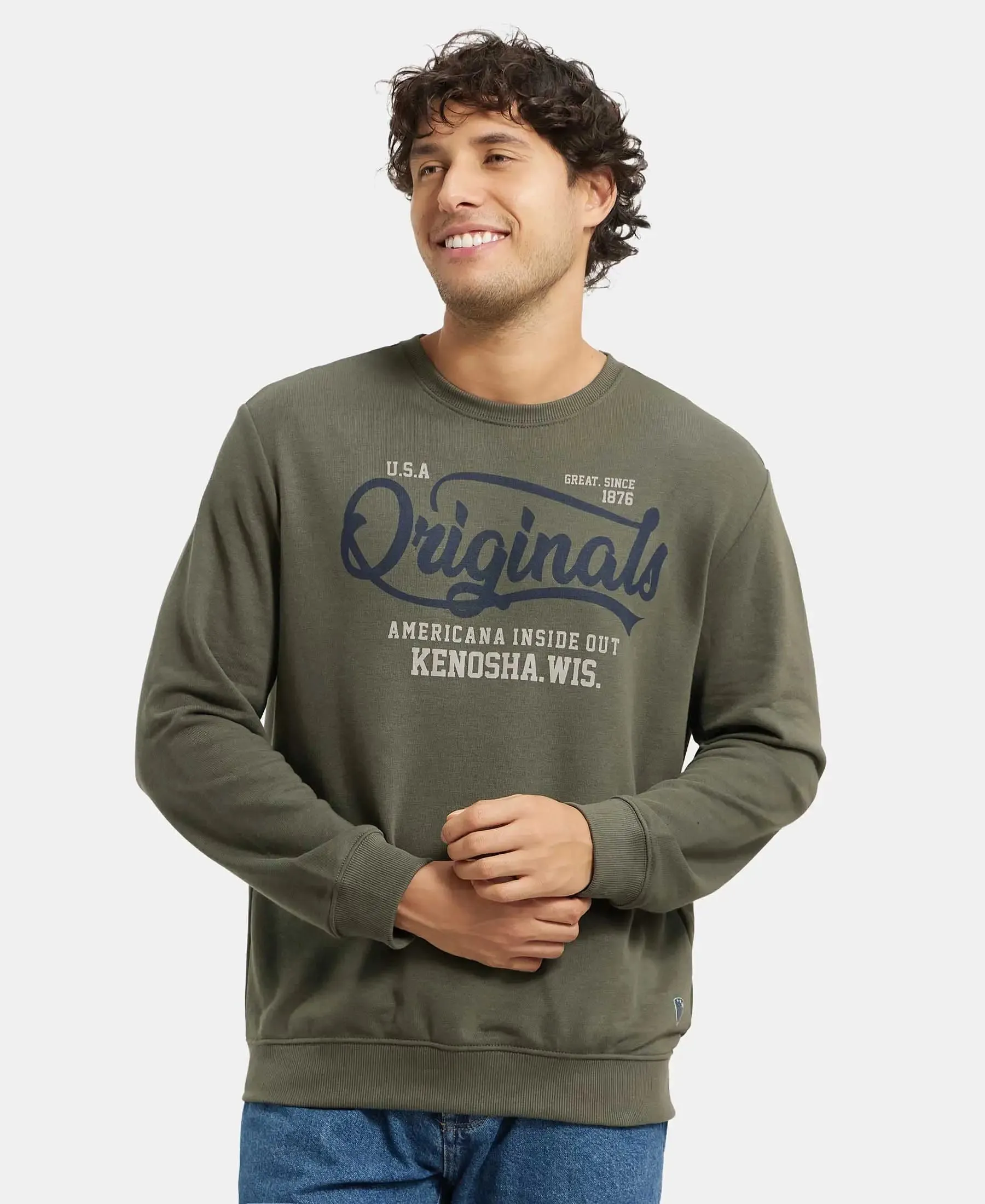 Super Combed Cotton Rich French Terry Printed Sweatshirt with Ribbed Cuffs - Deep Olive