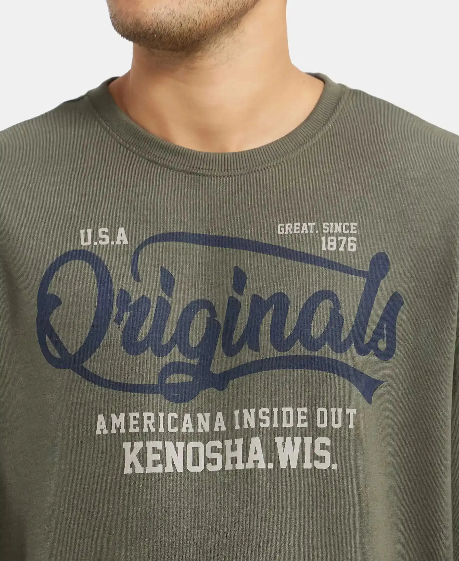 Super Combed Cotton Rich French Terry Printed Sweatshirt with Ribbed Cuffs - Deep Olive