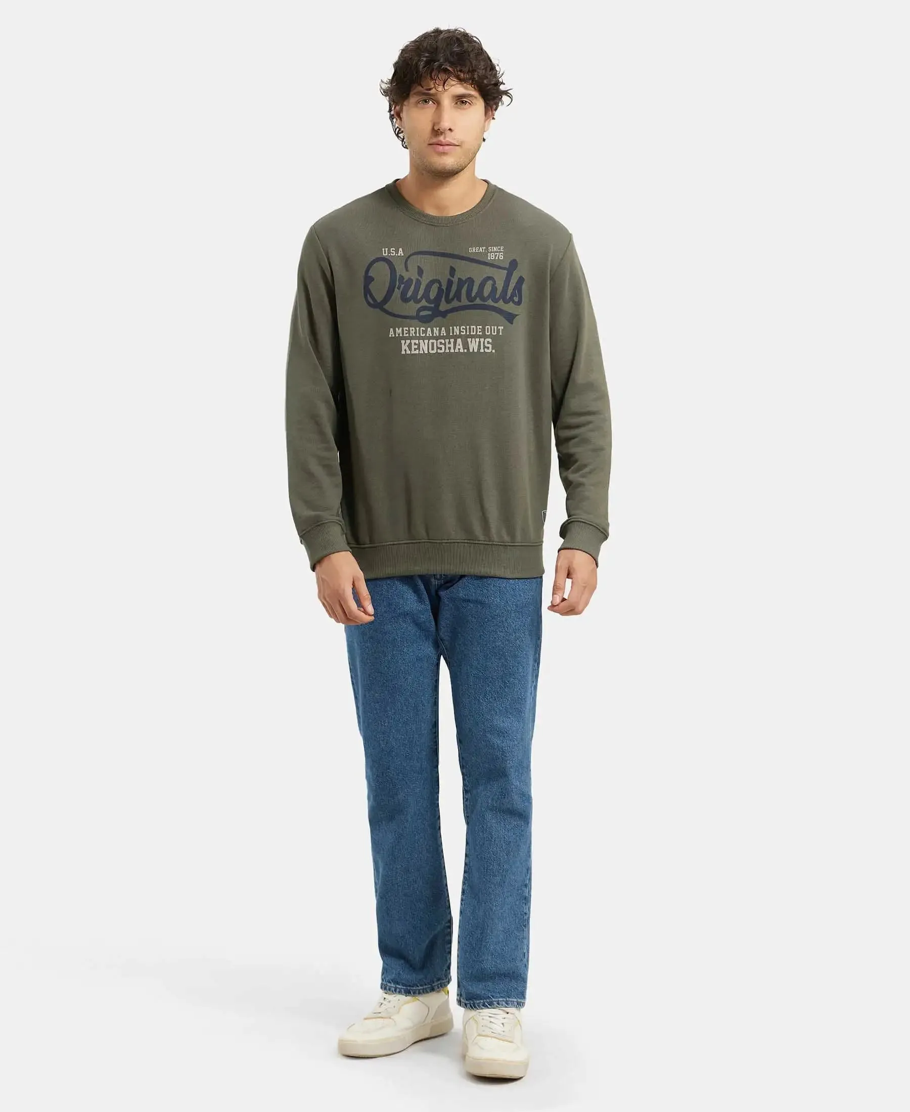Super Combed Cotton Rich French Terry Printed Sweatshirt with Ribbed Cuffs - Deep Olive