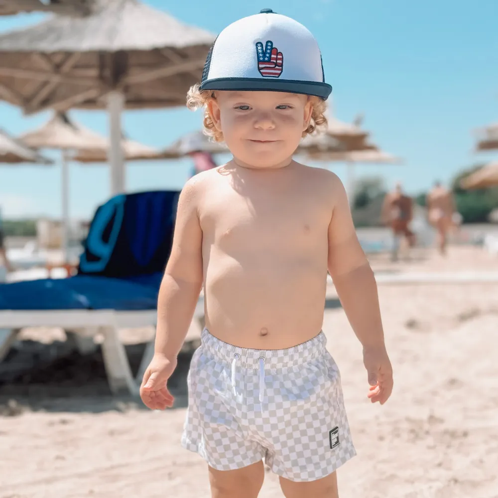 Tan and White Checks Swim Shorts