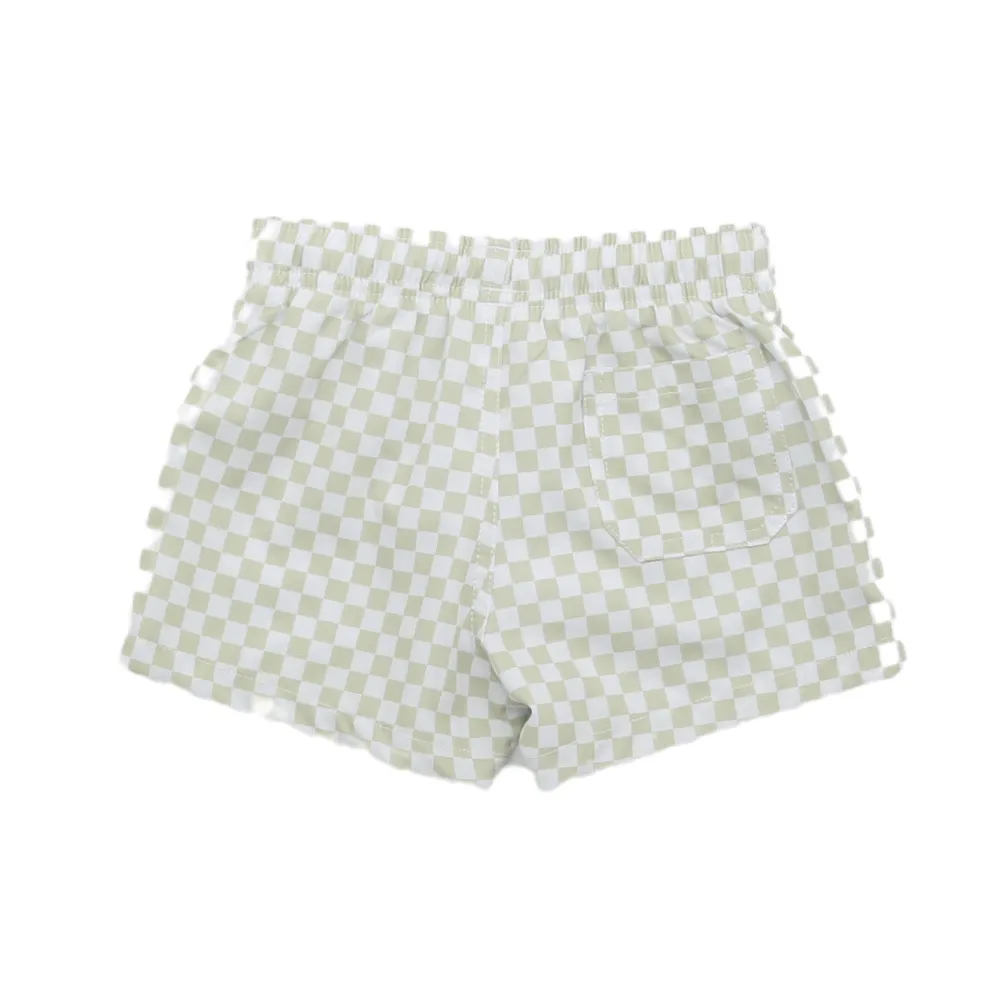 Tan and White Checks Swim Shorts
