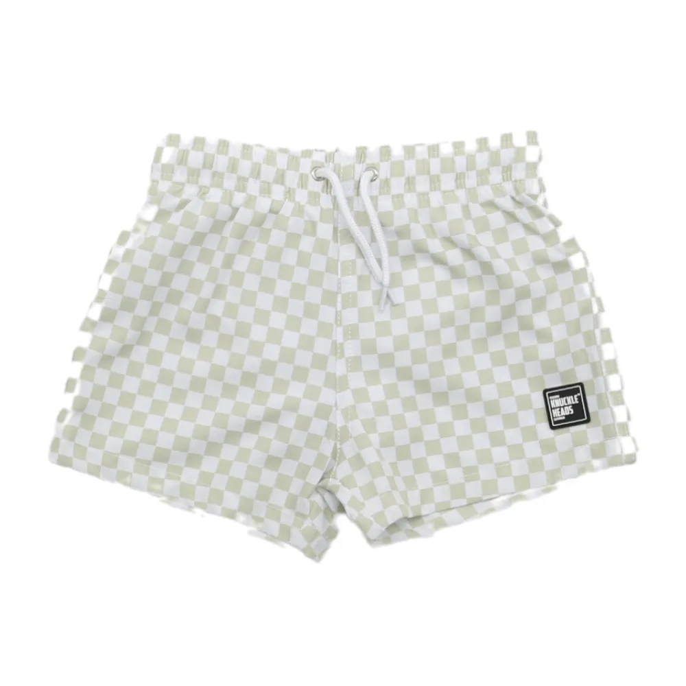 Tan and White Checks Swim Shorts