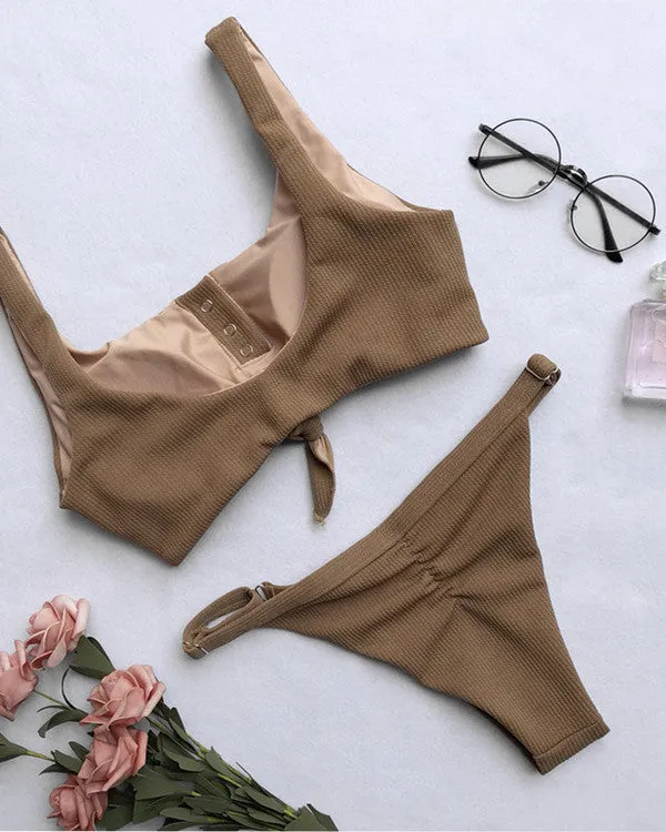 Tie Front Button Ribbed Bikini Sets