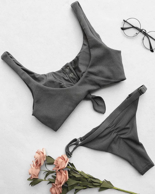 Tie Front Button Ribbed Bikini Sets