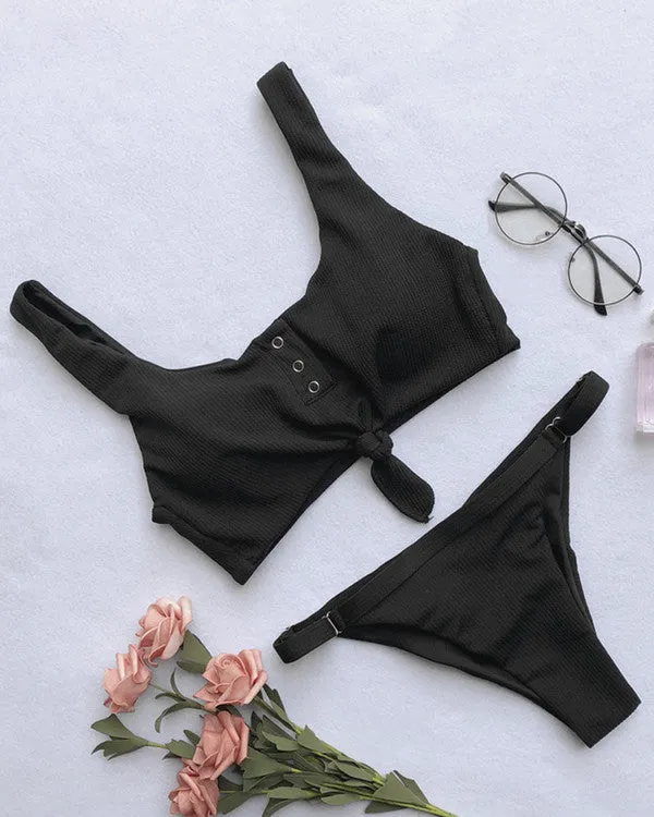 Tie Front Button Ribbed Bikini Sets