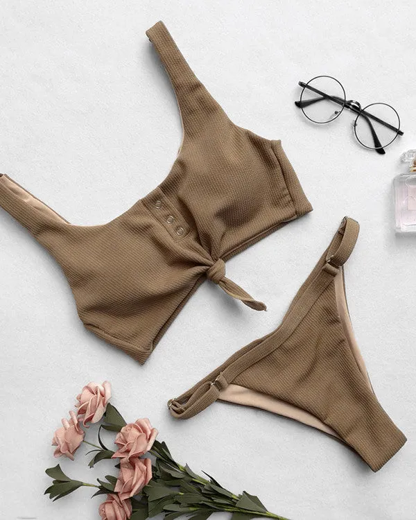 Tie Front Button Ribbed Bikini Sets