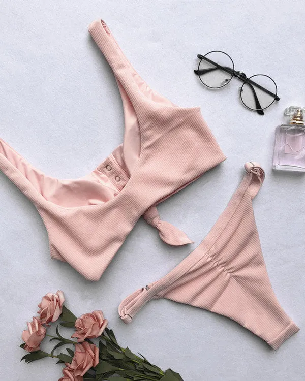 Tie Front Button Ribbed Bikini Sets