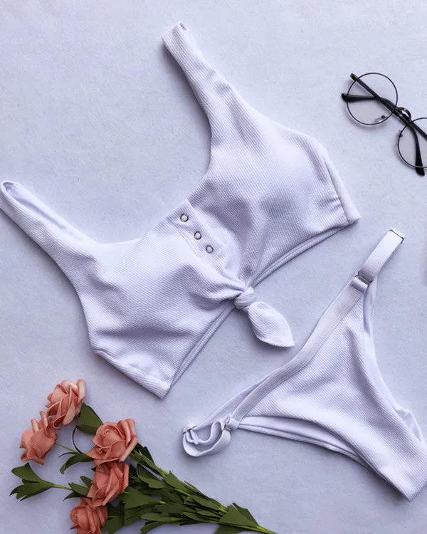 Tie Front Button Ribbed Bikini Sets