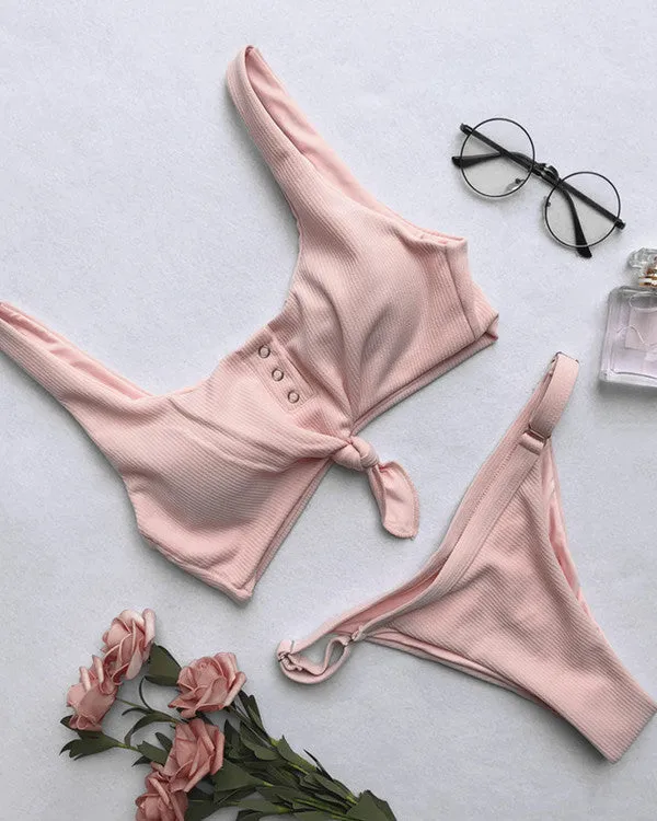 Tie Front Button Ribbed Bikini Sets