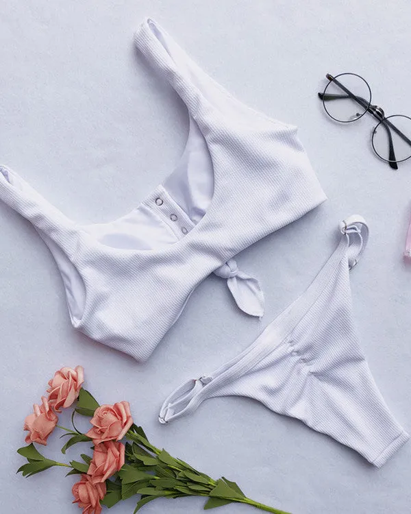 Tie Front Button Ribbed Bikini Sets