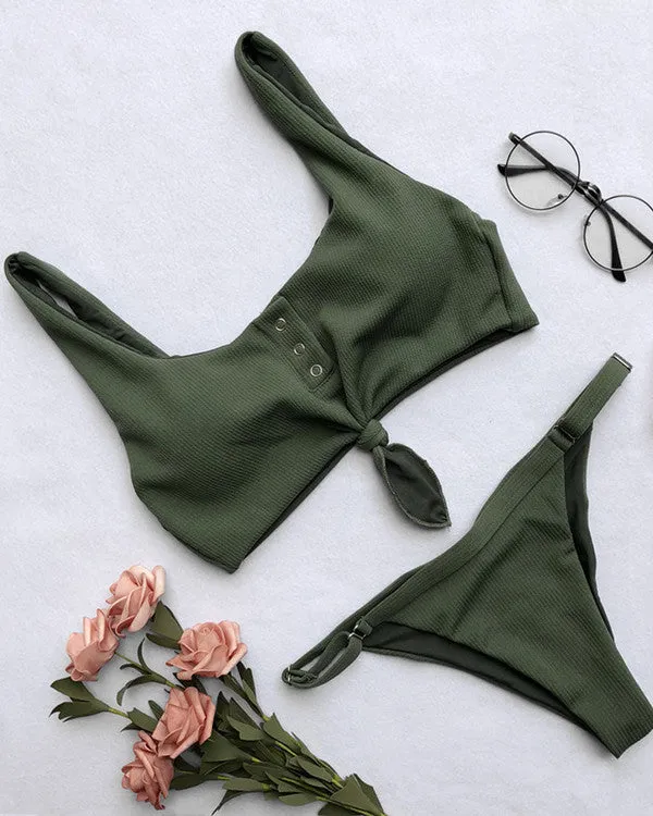 Tie Front Button Ribbed Bikini Sets