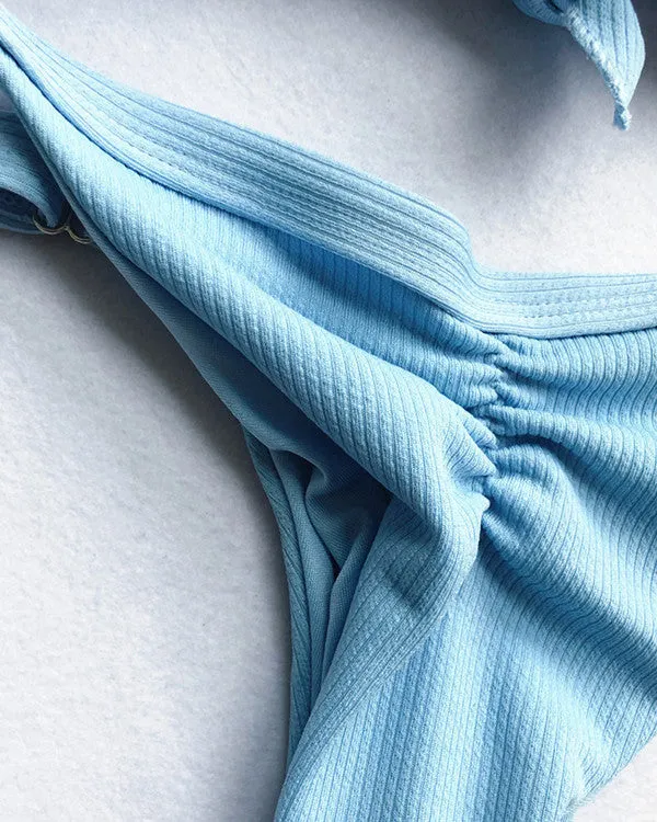 Tie Front Button Ribbed Bikini Sets