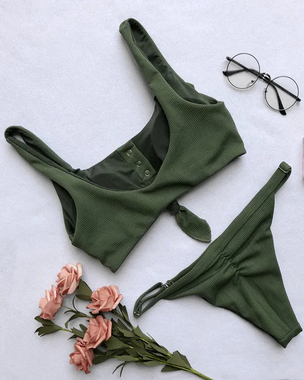 Tie Front Button Ribbed Bikini Sets