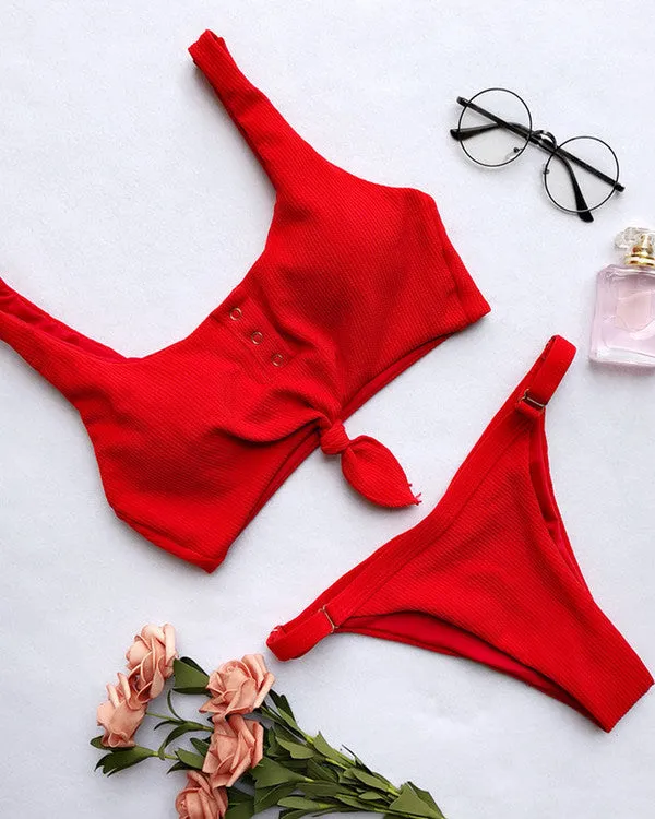 Tie Front Button Ribbed Bikini Sets