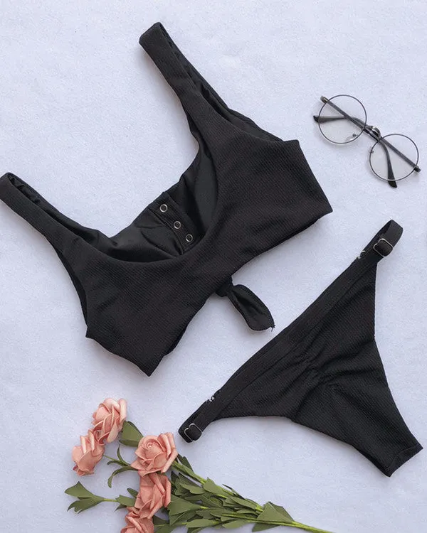 Tie Front Button Ribbed Bikini Sets