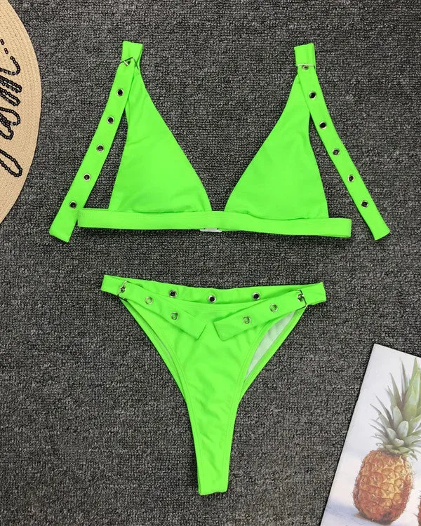 Triangle Buckle High Leg Bikini Sets