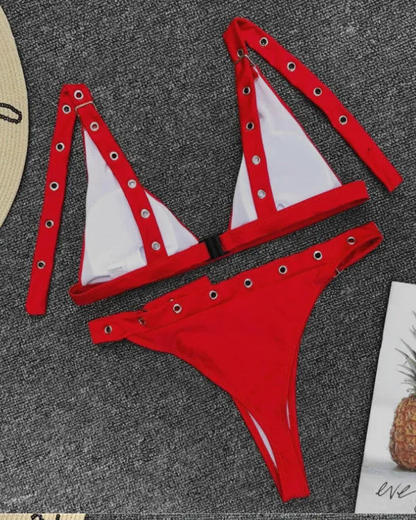 Triangle Buckle High Leg Bikini Sets