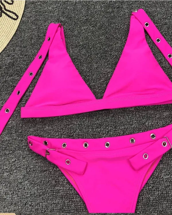 Triangle Buckle High Leg Bikini Sets