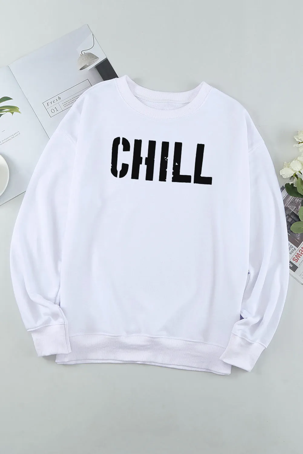 White CHILL Graphic Long Sleeve Pullover Sweatshirt