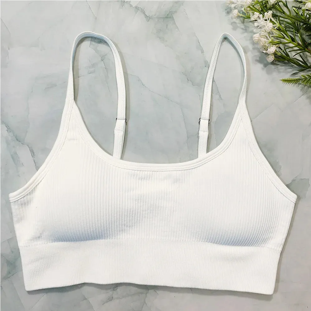 White Ribbed Seamless Sports Bra Crop Top - Yoga Bras for Women, Summer Workout Gym Padded Tanks Tops