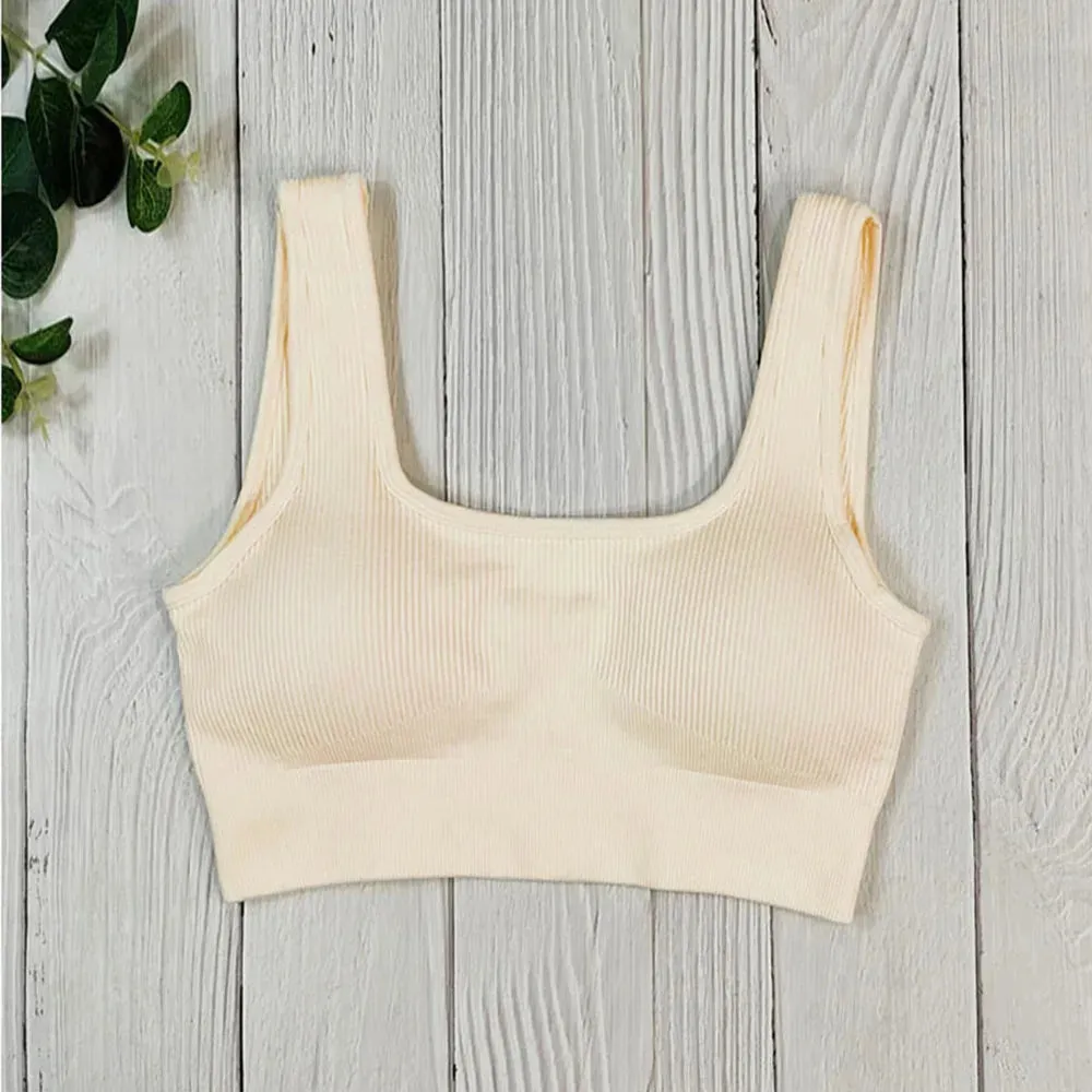 White Ribbed Seamless Sports Bra Crop Top - Yoga Bras for Women, Summer Workout Gym Padded Tanks Tops