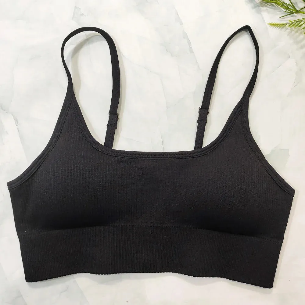White Ribbed Seamless Sports Bra Crop Top - Yoga Bras for Women, Summer Workout Gym Padded Tanks Tops