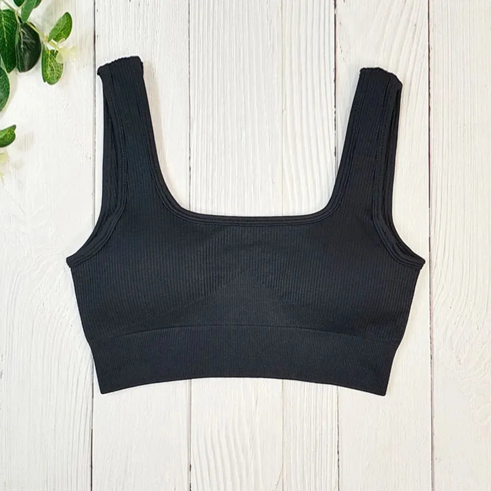 White Ribbed Seamless Sports Bra Crop Top - Yoga Bras for Women, Summer Workout Gym Padded Tanks Tops
