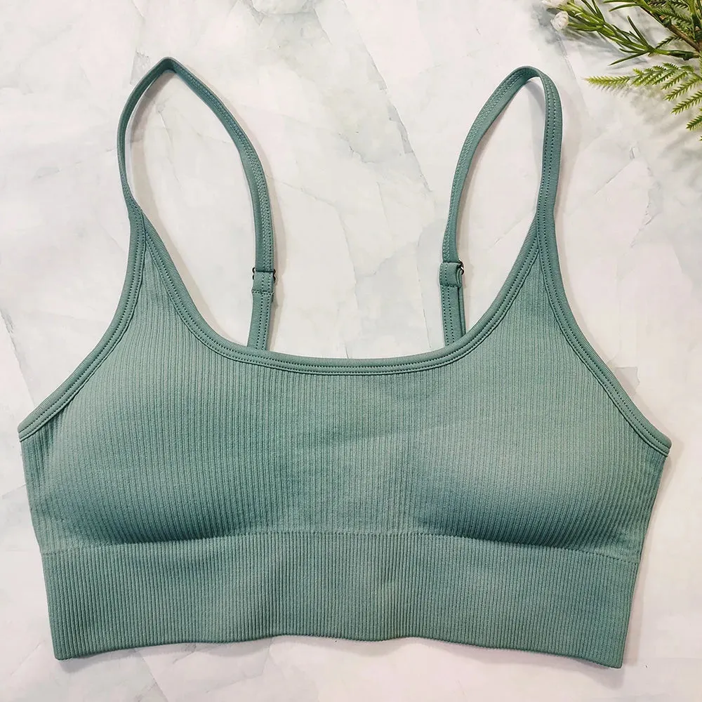 White Ribbed Seamless Sports Bra Crop Top - Yoga Bras for Women, Summer Workout Gym Padded Tanks Tops