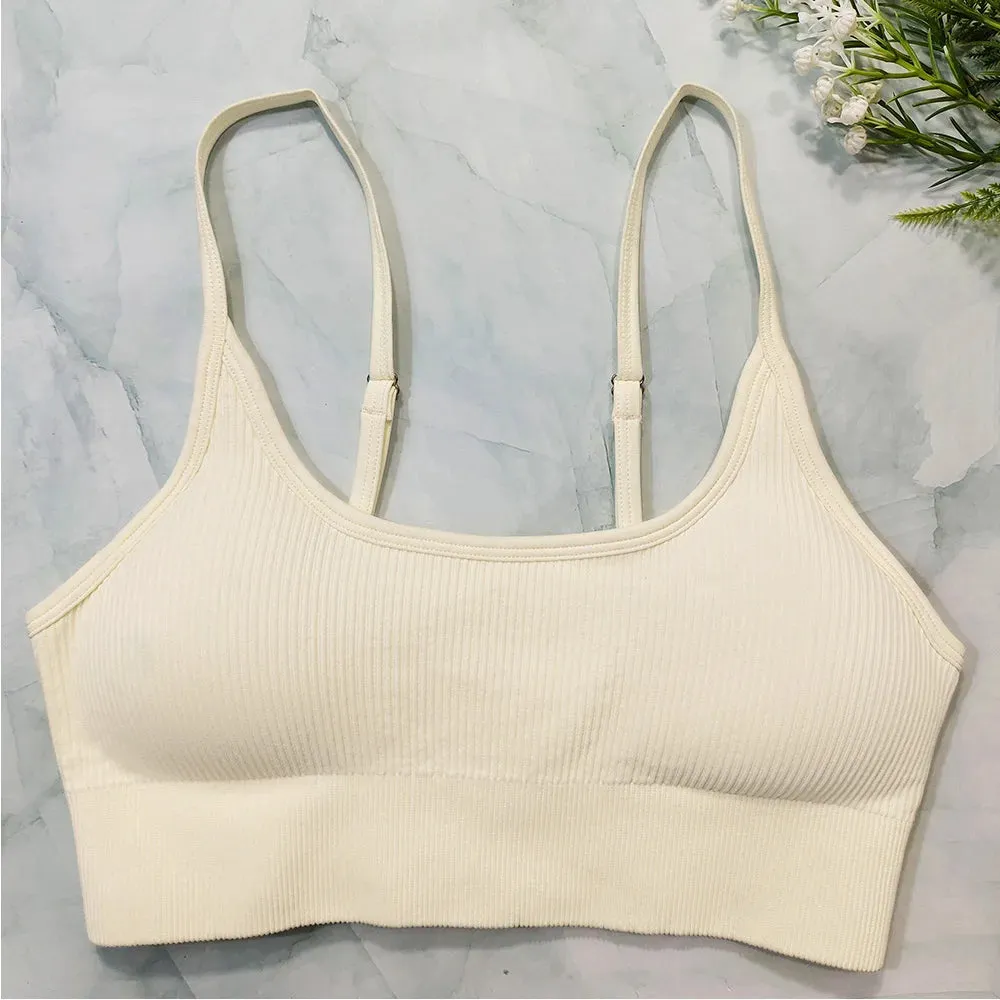 White Ribbed Seamless Sports Bra Crop Top - Yoga Bras for Women, Summer Workout Gym Padded Tanks Tops
