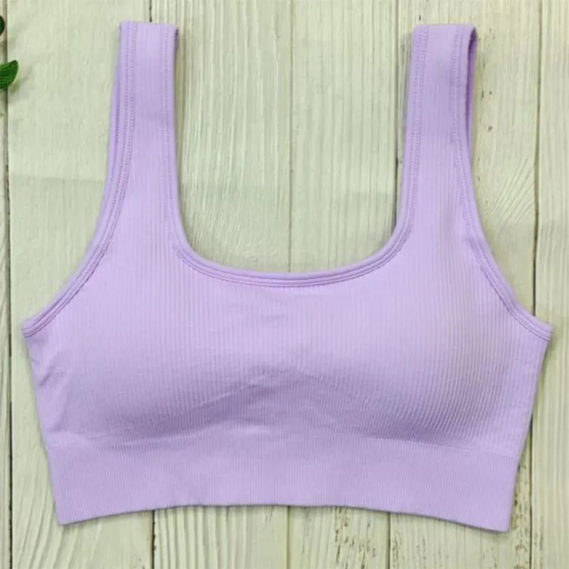 White Ribbed Seamless Sports Bra Crop Top - Yoga Bras for Women, Summer Workout Gym Padded Tanks Tops