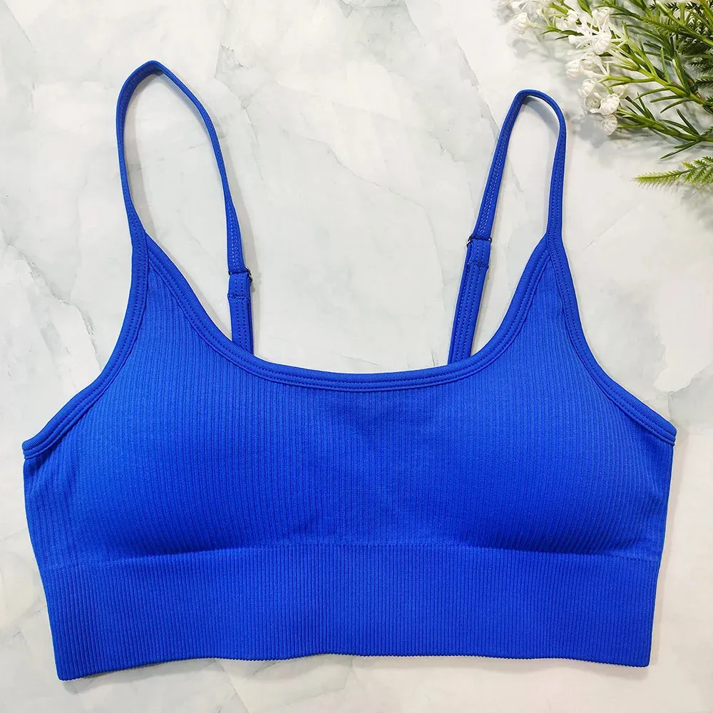 White Ribbed Seamless Sports Bra Crop Top - Yoga Bras for Women, Summer Workout Gym Padded Tanks Tops