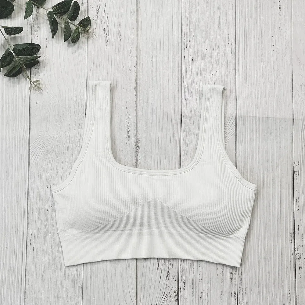 White Ribbed Seamless Sports Bra Crop Top - Yoga Bras for Women, Summer Workout Gym Padded Tanks Tops