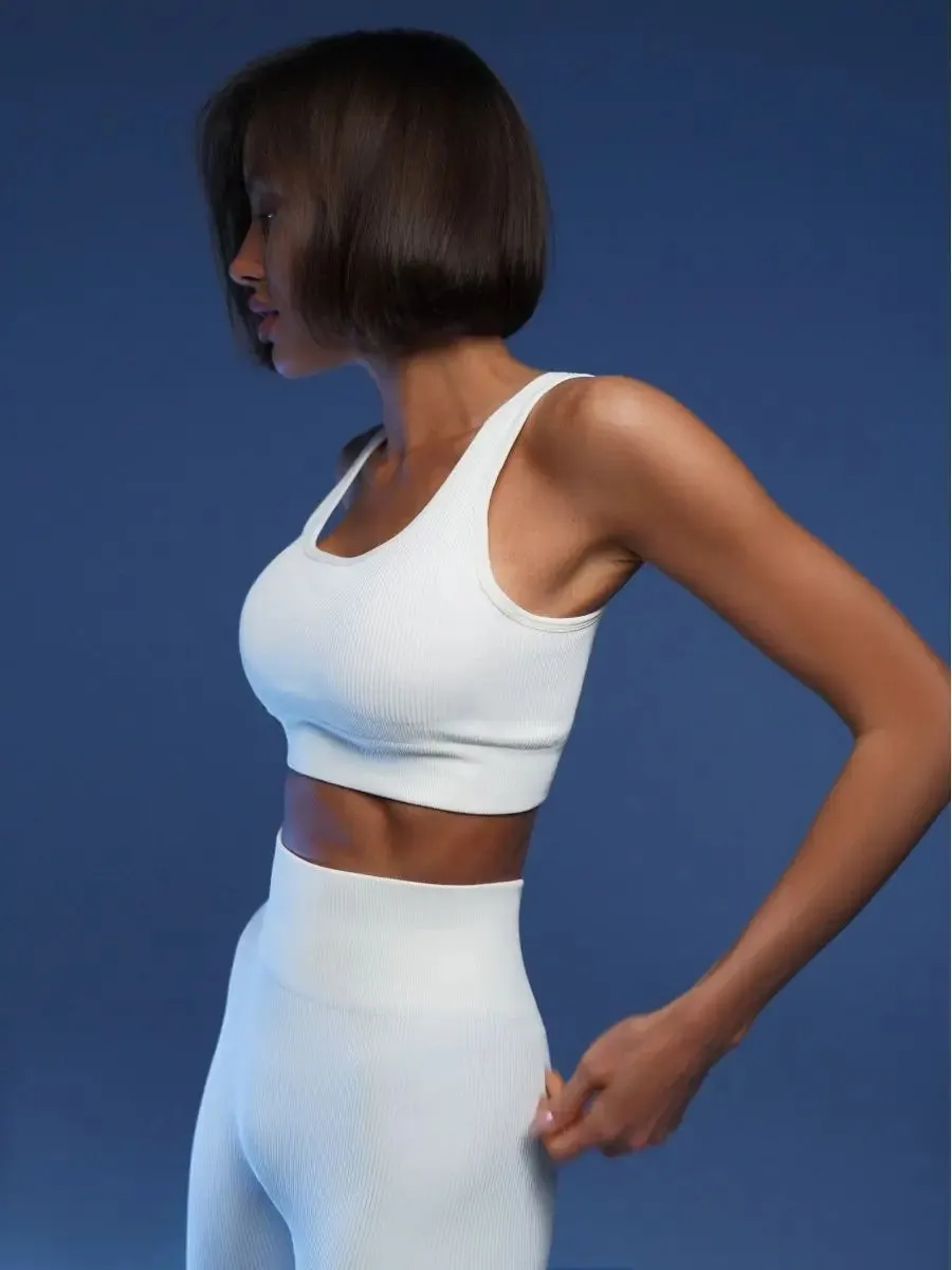 White Ribbed Seamless Sports Bra Crop Top - Yoga Bras for Women, Summer Workout Gym Padded Tanks Tops