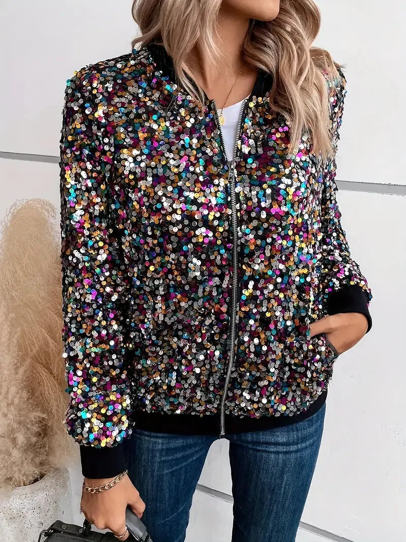 Women's Sequin-Adorned Zip-Up Bomber Jacket with Colorful Dot Pattern