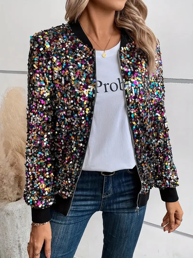 Women's Sequin-Adorned Zip-Up Bomber Jacket with Colorful Dot Pattern