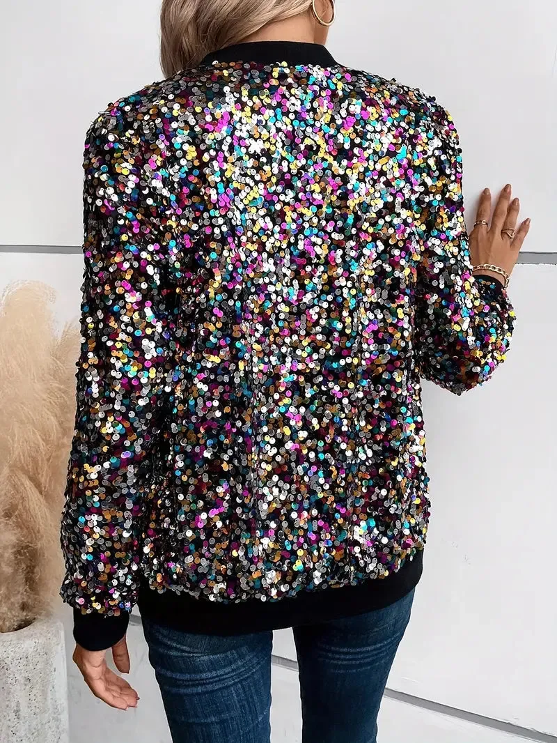Women's Sequin-Adorned Zip-Up Bomber Jacket with Colorful Dot Pattern