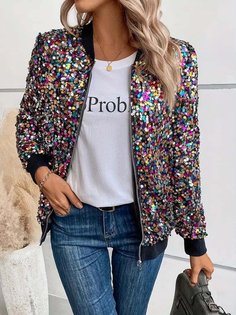 Women's Sequin-Adorned Zip-Up Bomber Jacket with Colorful Dot Pattern